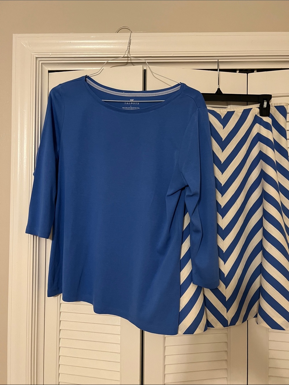 Talbots Blue Top with Blue-and-White Chevron A-Line Skirt